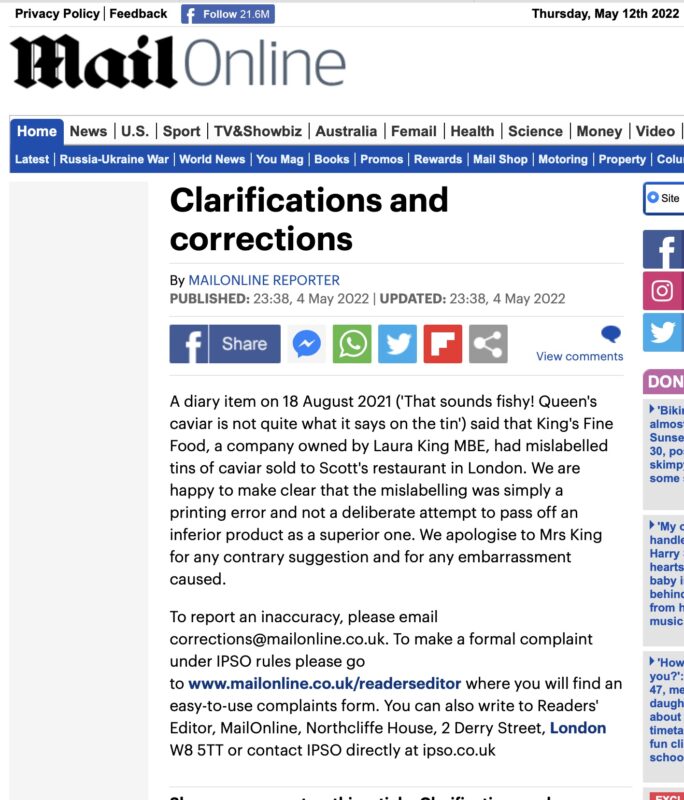 Mail Online Clarifications and Corrections