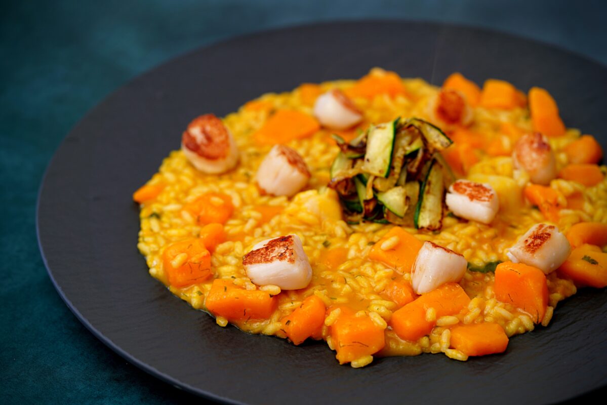 Pumpkin Risotto with Seared Scallops and Zucchini